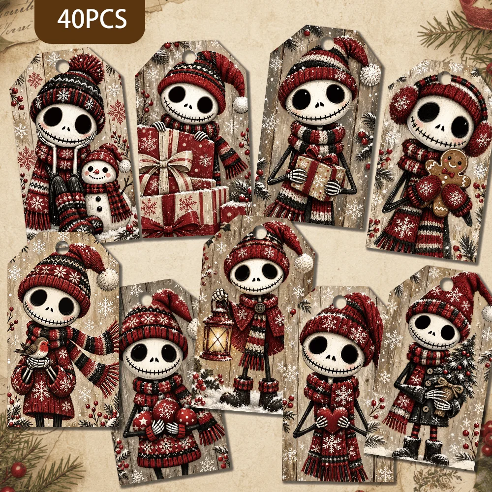 40pcs, Gift Tags, Vintage Funny Skull Christmas, Hanging Paper Labels for Gift Wrapping, Holiday Party Decor with String