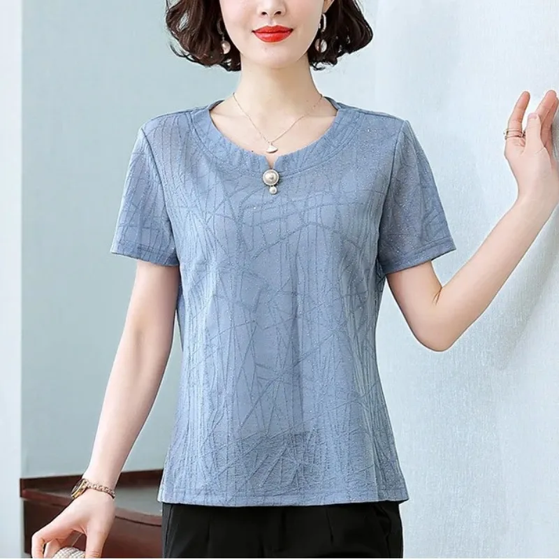 Women\'s Clothing Solid Color Summer Short Sleeve Pullover Pearl Round Neck Chiffon Casual T-shirt Office Lady Comfortable Tops