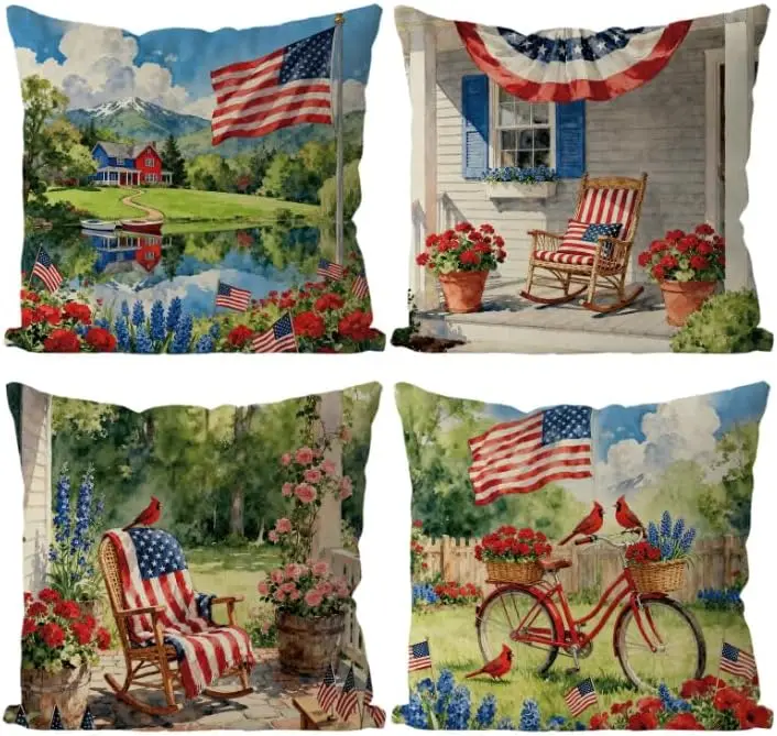 Set of 4 Patriotic American Flag Throw Pillow Covers Farmhouse Americana Garden Cottagecore Summer Outdoor Home Decor Accent Pil