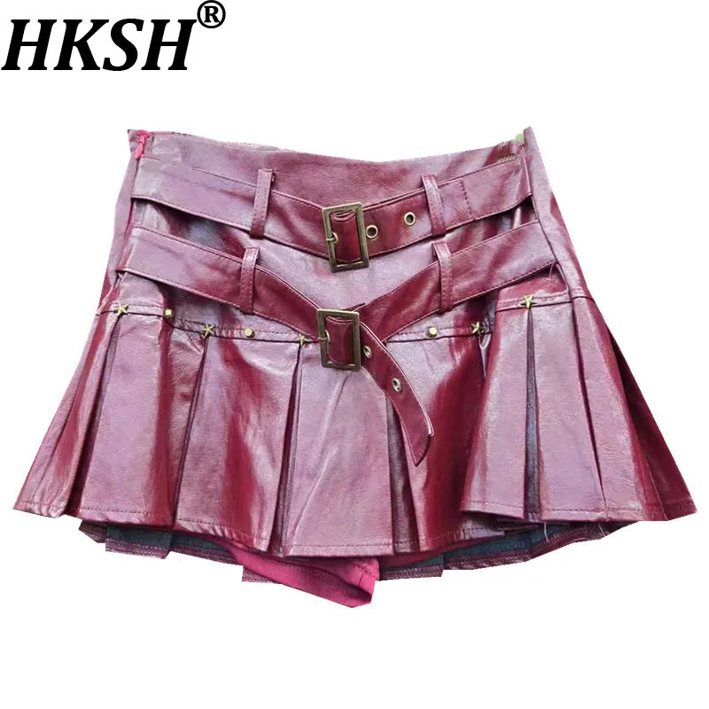 

HKSH женская короткая юбка из искусственной кожи с заклепками, облегающая плиссированная юбка трапециевидной формы в стиле панк Techwear, сексуальные стильные уличные юбки HK10384