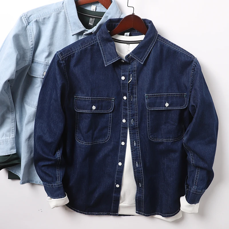 

Качественная мужская повседневная джинсовая рубашка с длинным рукавом, однотонная, осенняя верхняя одежда, классический стиль, стандартный крой, молодежная мода
