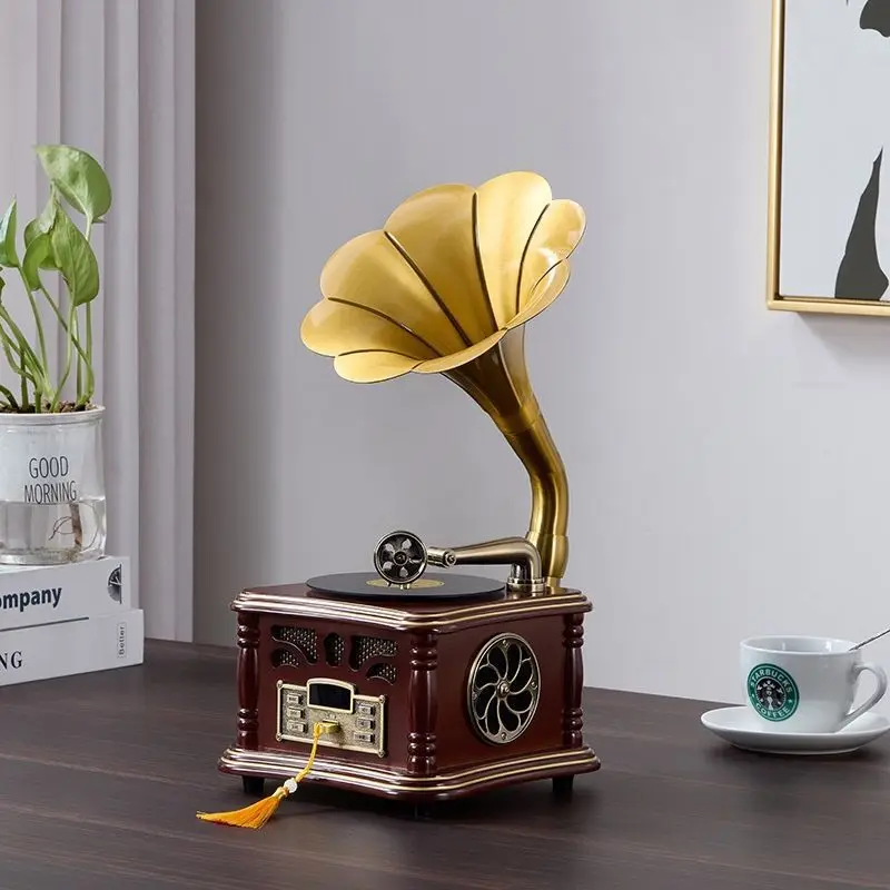 Compact Retro Gramophone Turntable 2 Speed Vinyl Record Player With Copper Speaker USB Flash Drive Aux in for Office Gift