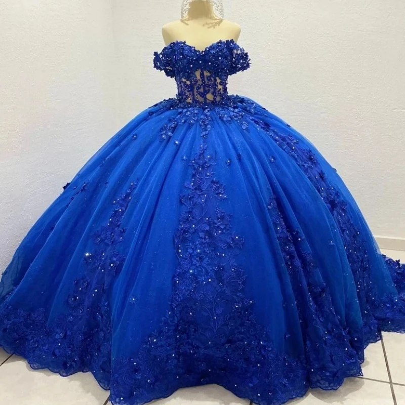 Real Picture Mexican Blue Women Prom Occasion Dress Dance Wear Off Shoulder Applique Big Ball Skirt Vestido De 15 Quinceanera 16