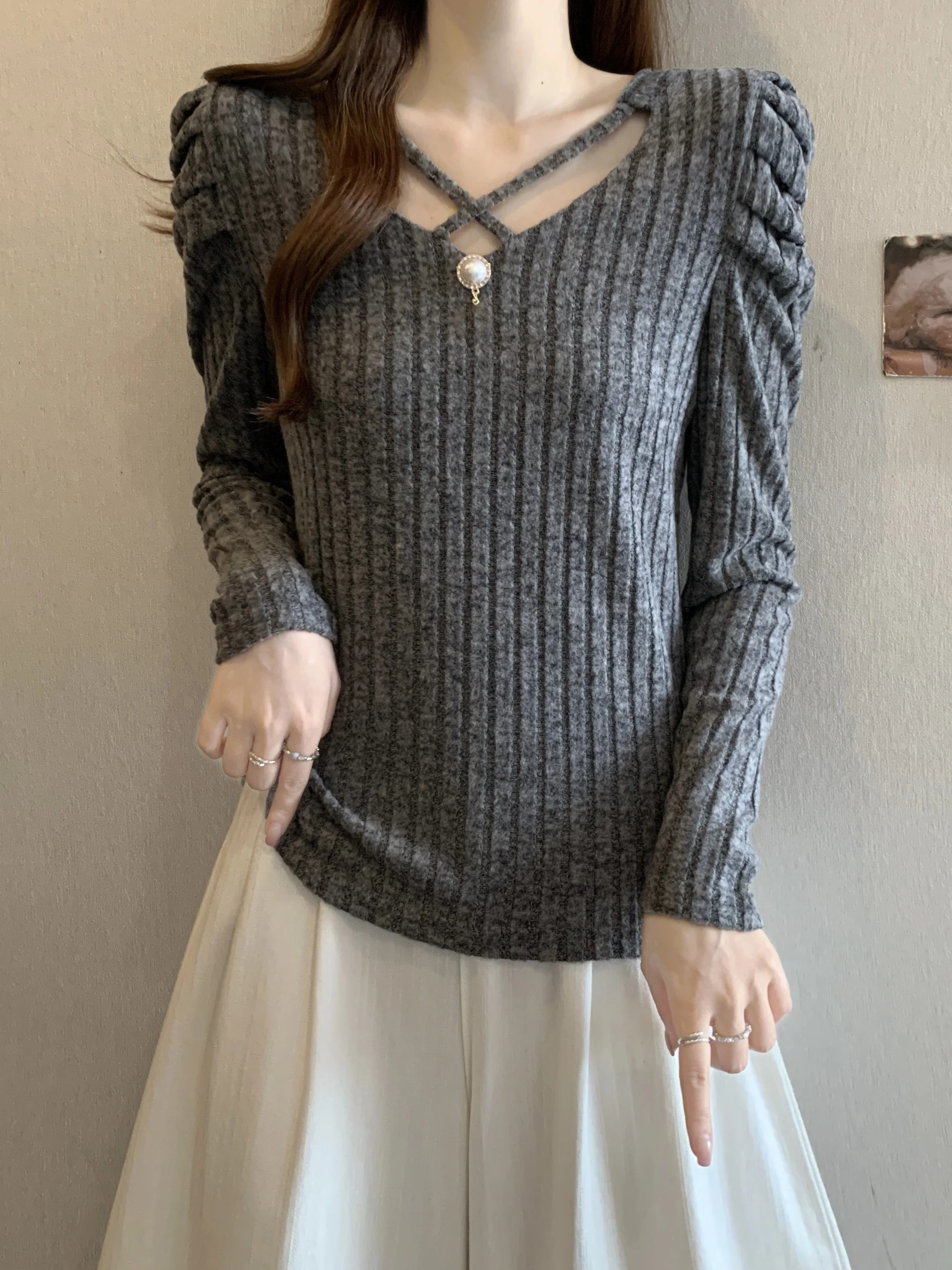 

Женская трикотажная базовая кофта больших размеров с длинным рукавом, V-образным вырезом, перекрестным дизайном, в полоску, утягивающая, для повседневной носки, с высокой талией, А-силуэт