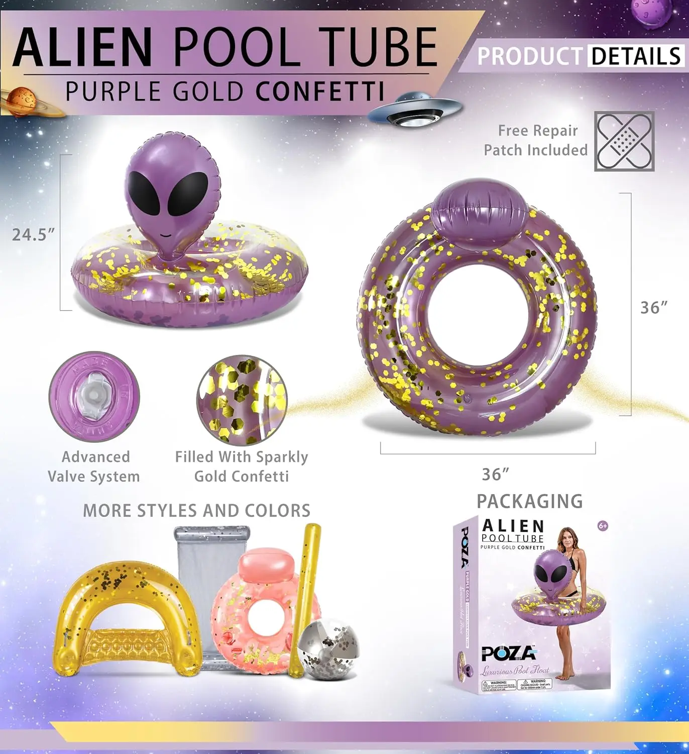 Tubo flotante inflable para piscina alienígena, vinilo resistente a los rayos UV, confeti para piscina, flotador de alienígena, flotador de piscina fresco, anillo de natación para piscina inflado