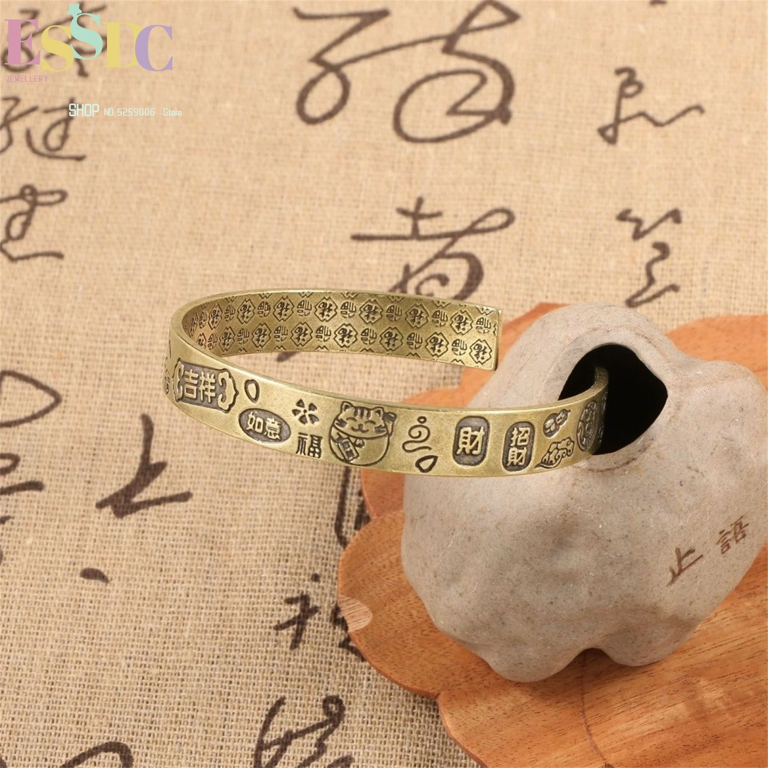 Lucky Cat Open Bangle Brass Antique Finish Adjustable Wealth Health Happiness Jewelry For Women Gift Vintage Style Bracelet