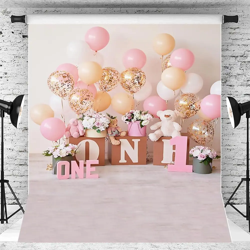 

Pink Gold Balloon First Birthday Backdrop Girls Newborn Baby 1st Birthday Background Portrait Photo Banner Props for Cake Smash