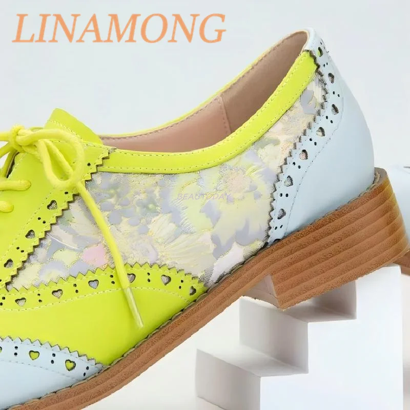 Color Blocking Splicing Casual Shoes Fashionable British Style Lace Up Flat Bottomed Round Toe Low Heel Comfortable LeatherShoes