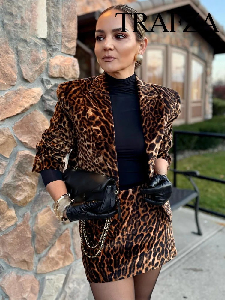 TRAFZA Women Skirt Suit Leopard Print Lapel Pocket Decorate Short Coat+Elegant Casual High Waist Side Zipper Mini Skirt Mujer