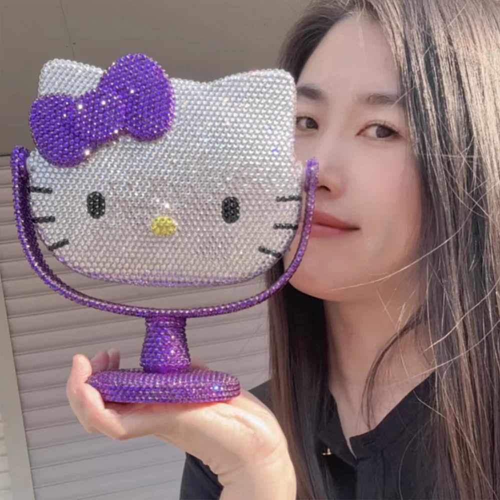 Handmade Hello Kitty Kawaii Crystal Mirror Shiny Rhinestones Handheld Mirror Girl Birthday Gift Living Room DecorationHNXJ990