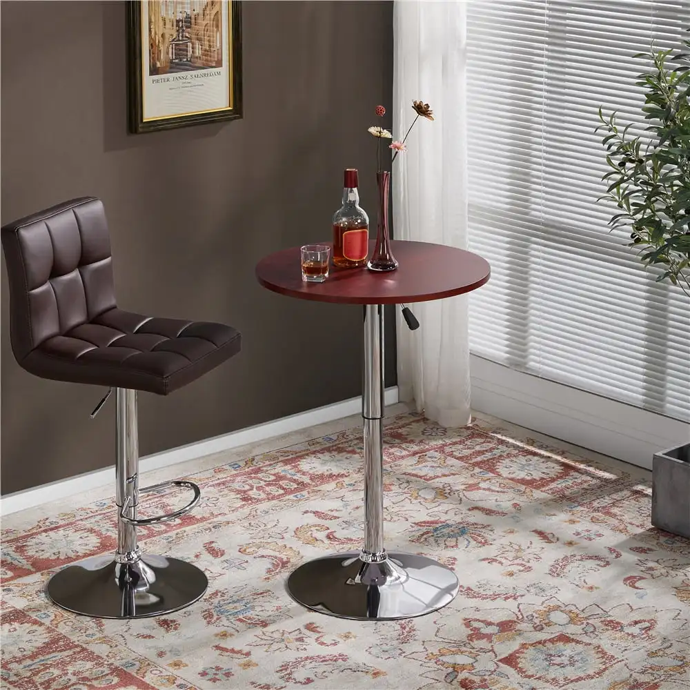 Adjustable Bar Table Bistro Pub Counter Table Swivel Round Brown Top Cocktail Kitchen Dining Table