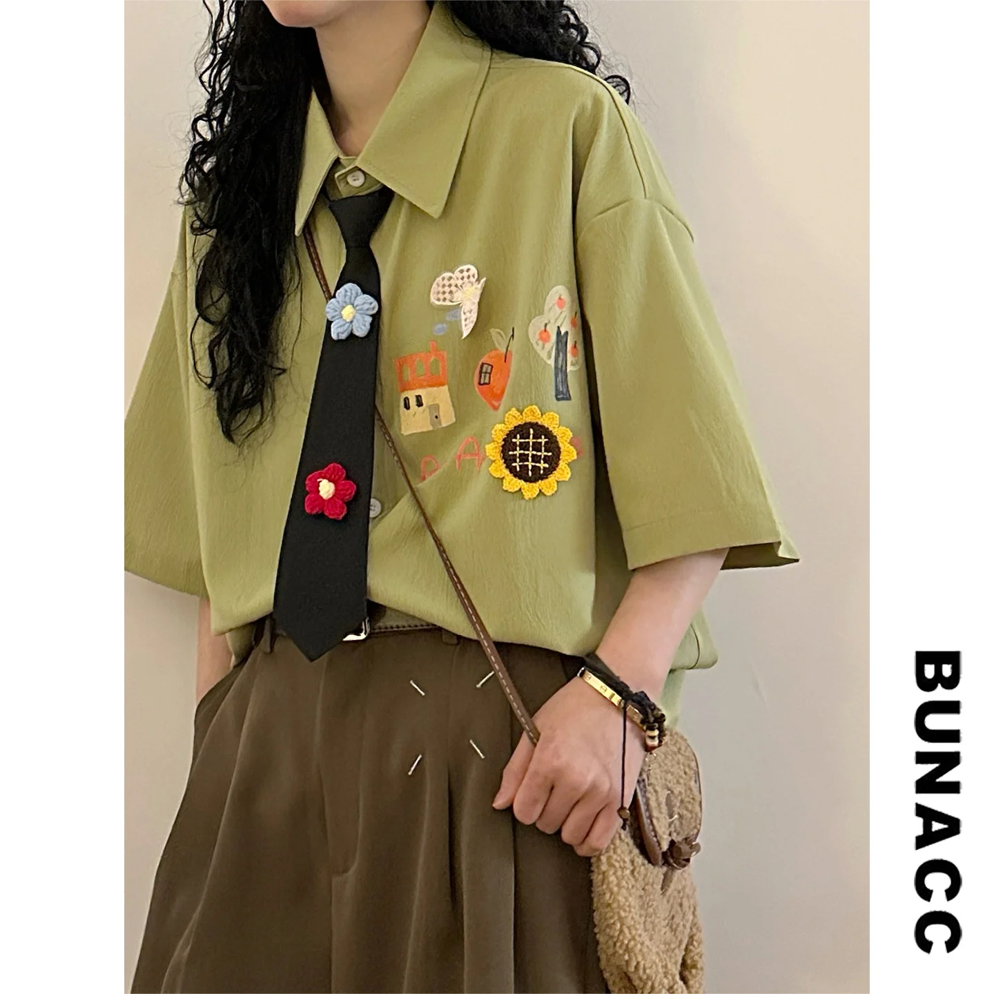 

Retro Embroidered Flower Tie irt Loose ort Sve ex Summer Street Sle Collar Casual Cotton Top for Youth