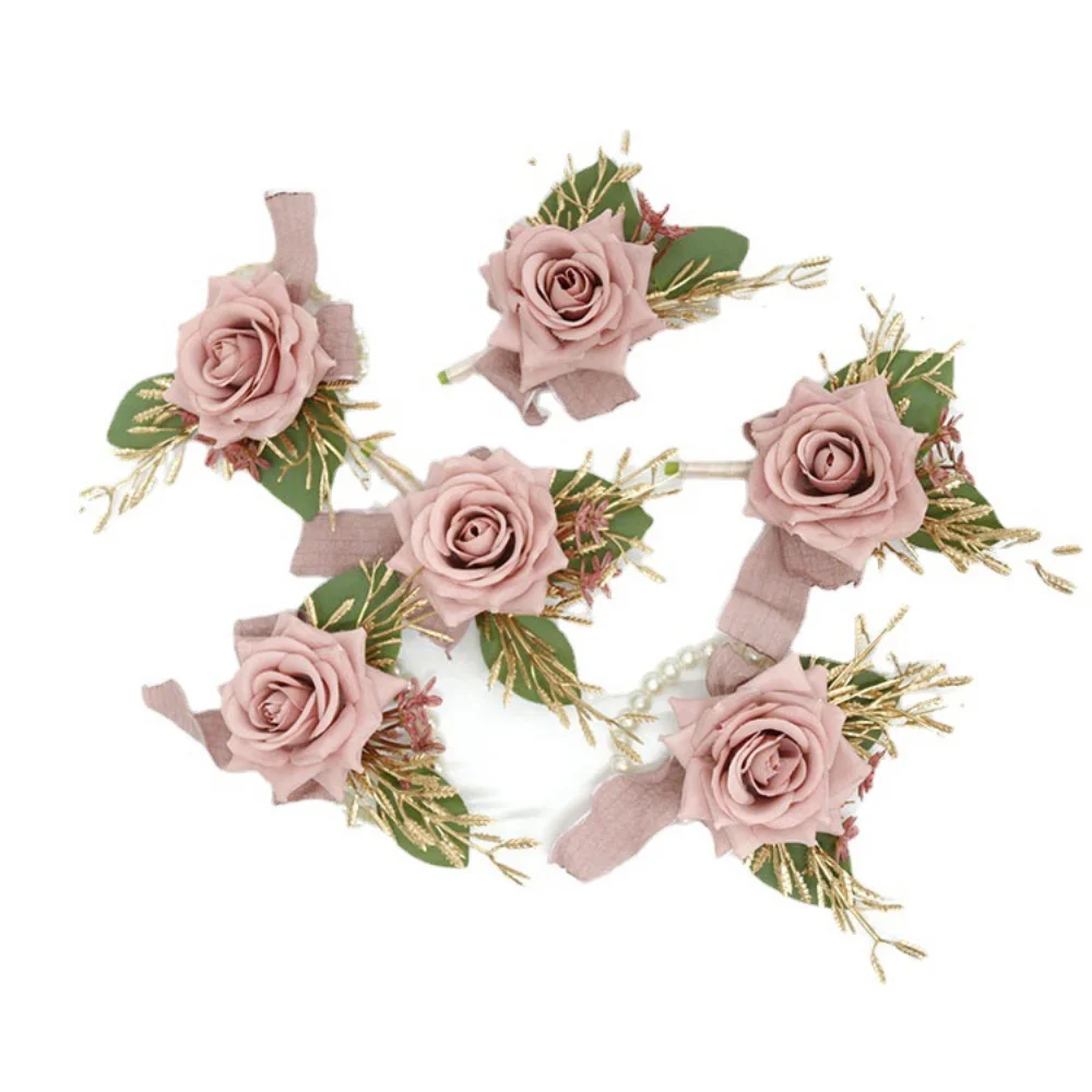 Seda Artificial Rose Boutonniere Para Convidados, Flores Rosa Empoeirado, Rendas, Pérolas Corsage, Pulseira, Acessórios Do Casamento, Noiva