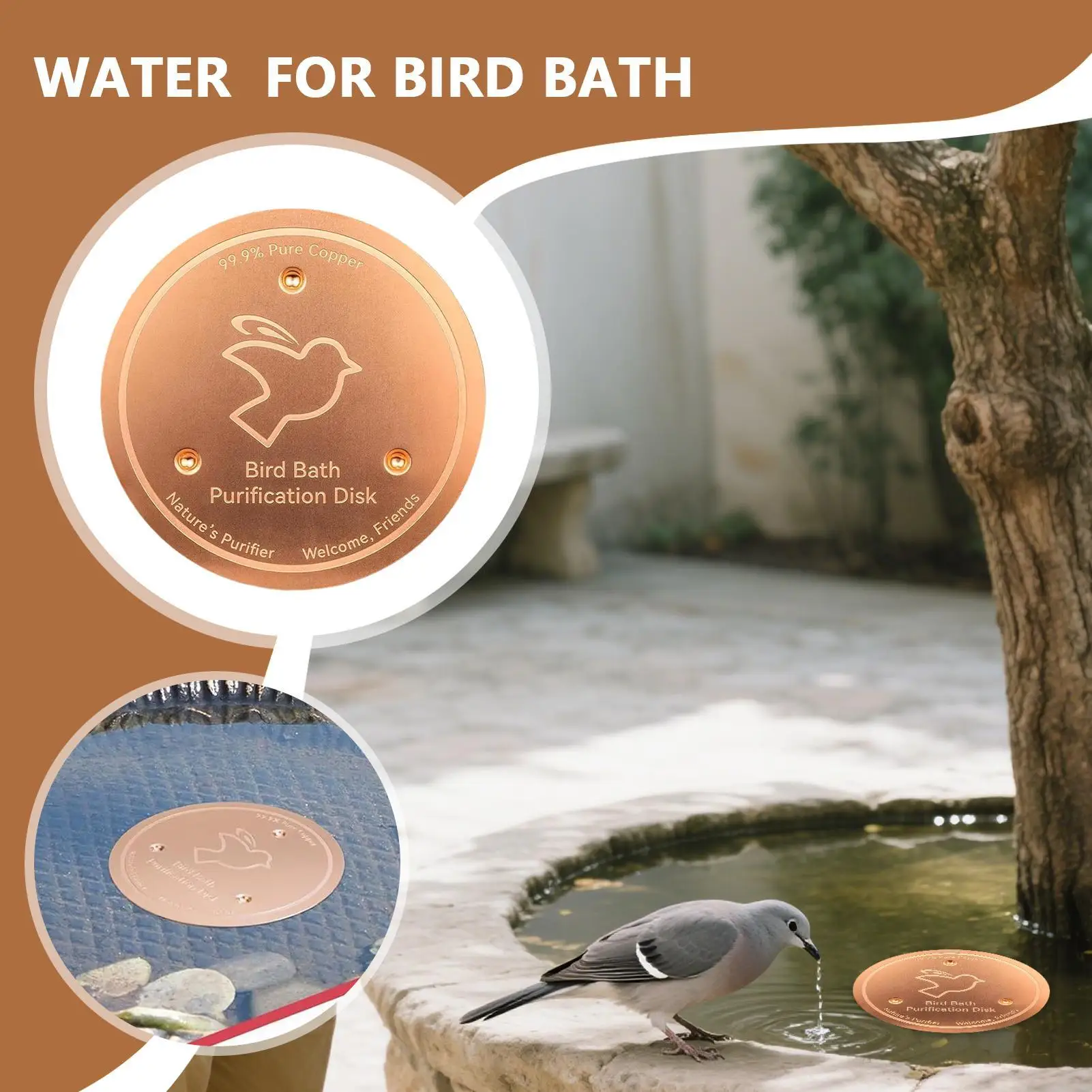 Metal Birds Bath Tray Copper Bird Bath Disk versatile Feeder universal Simple Triple-Point Support Purifier versatile Disc Water