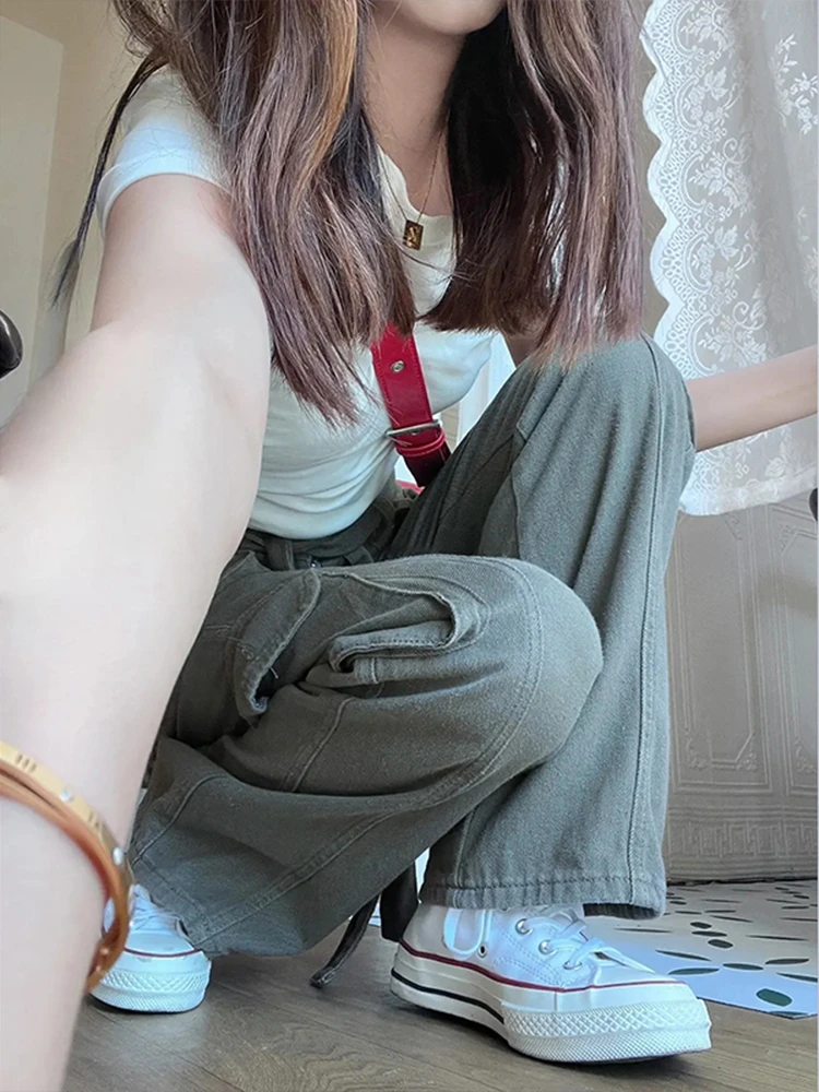 Militärische Arbeitskleidung, weite Beinhose für Damen, Sommer, dünn, locker, lässig, Sport, lange Hose, hohe Taille, Baumwolle, 00 %