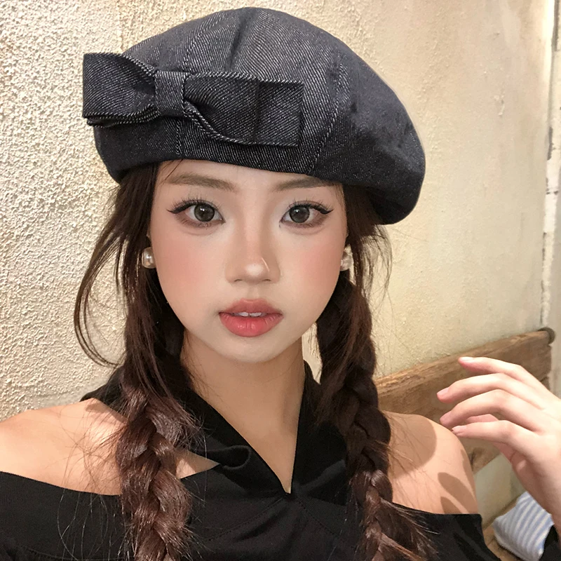 

Korean Version of Niche Denim Bow Berets Spring and Autumn Y2k Temperament Big Head Dome Octagonal Painter Hat for Women's