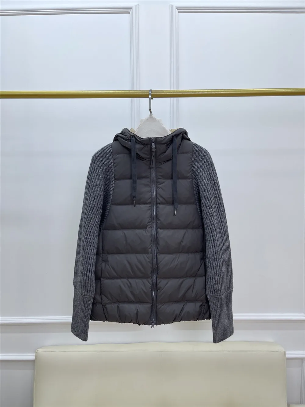 Women Hooded Goose Down Jacket Stitching Wool Cashmere Knitted Sleeve Zipper Beaded Warm Down Coat