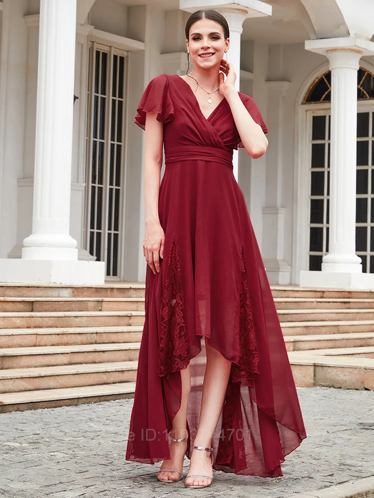 New Women's Lace Cocktail Dress V-Neck Short Sleeve Wedding Long Dress Elegant Summer Burgundy Bridesmaid Ball Gowns Vestidos