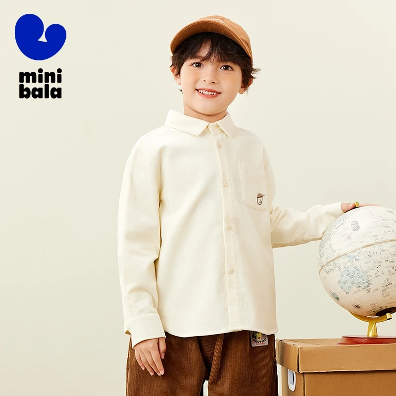 Mini Bala Boys' Cotton Corduroy 2024 Autumn New Product Retro Long Sleeve Shirt