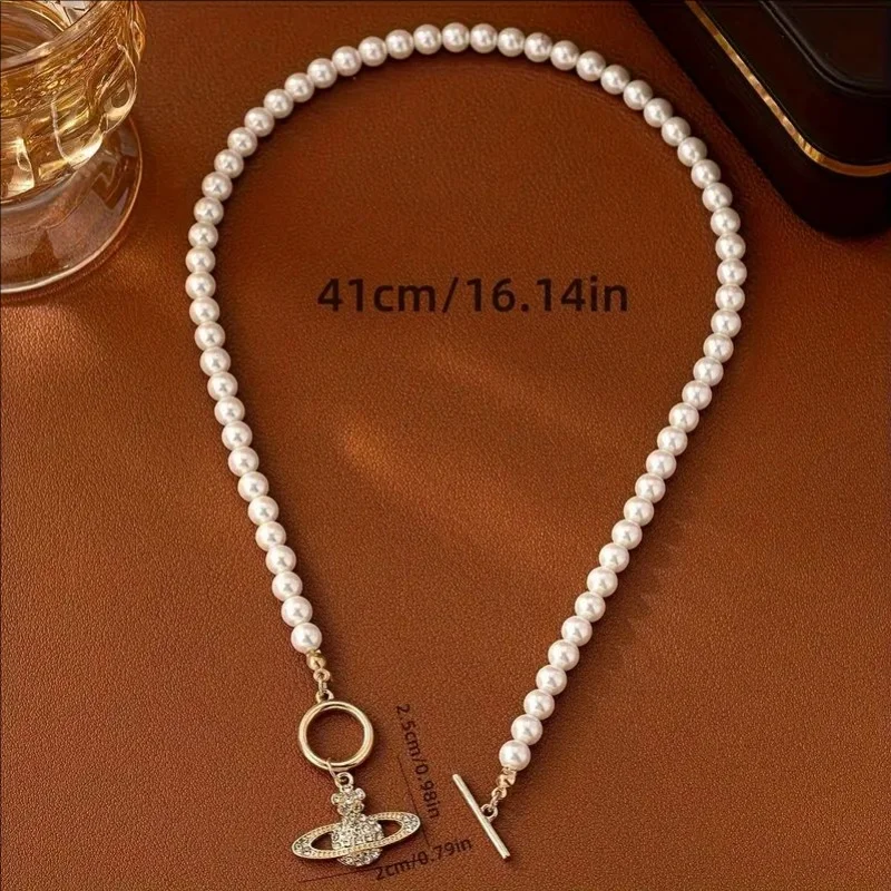 Miss JQ 1pc Elegant French Style Faux Pearl Necklace With Flower & Rhinestone -Encrusted Planet Pendant For Women