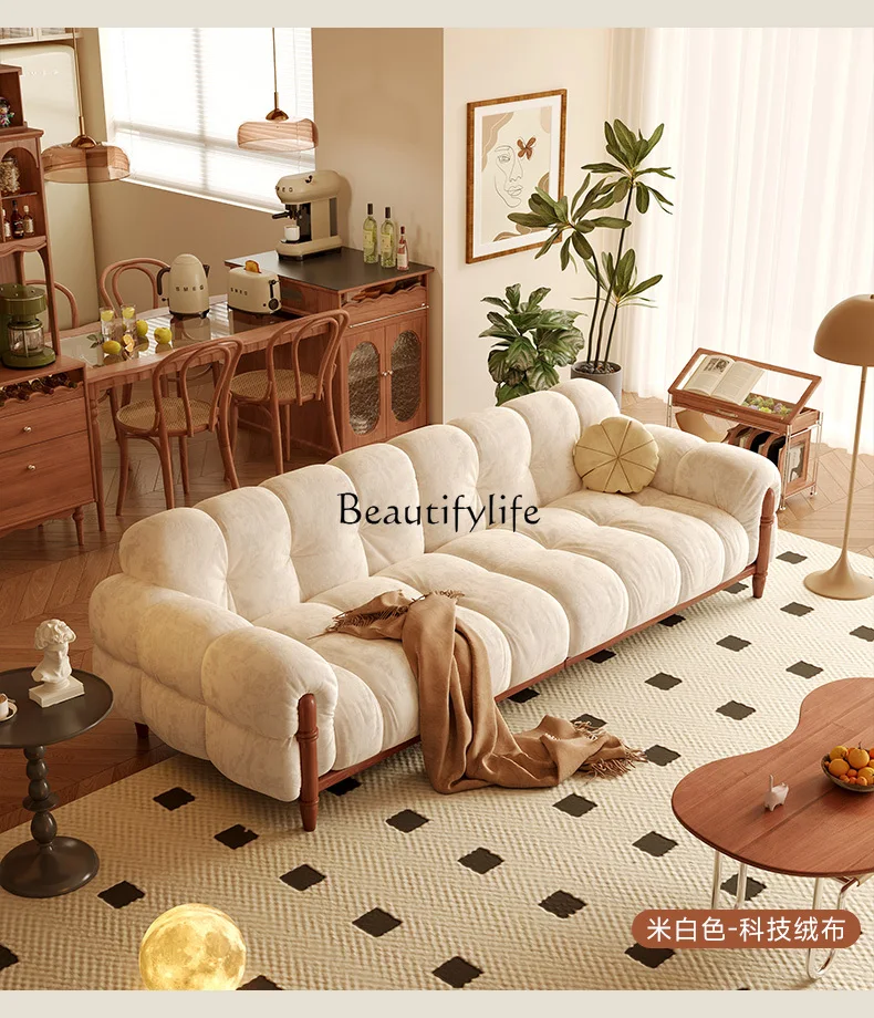 French Retro Sofa Straight Row Cream Style Small Apartment Living Room Cloud American Green All Solid Wood Sofa