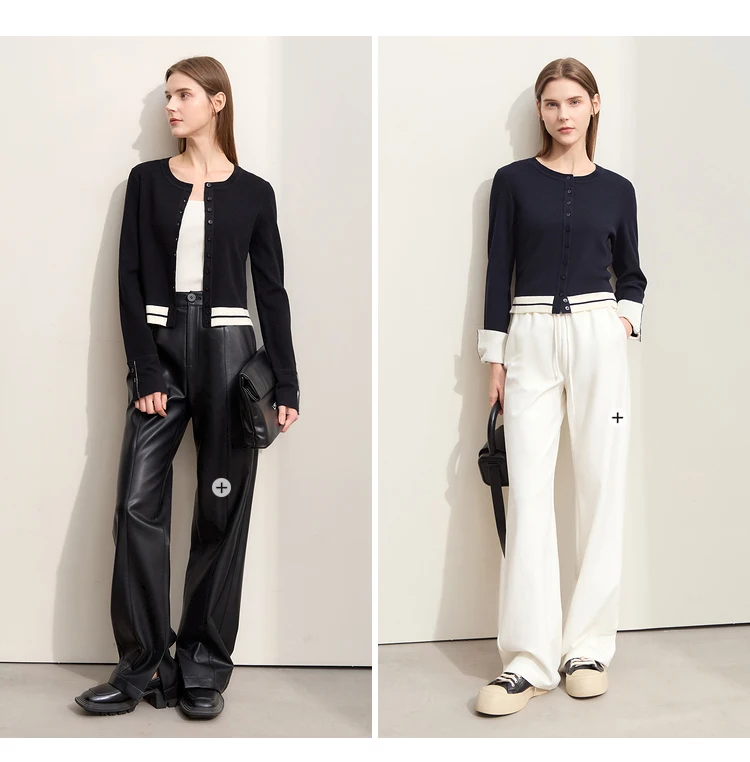 Amii Minimalism 2026 Strickjacke für Damen Herbst Neu Pendler O-Ausschnitt Gespleißte Kurze Wollstreifen Schlanke Langarm-Oberteile 12443022 – Detail 10