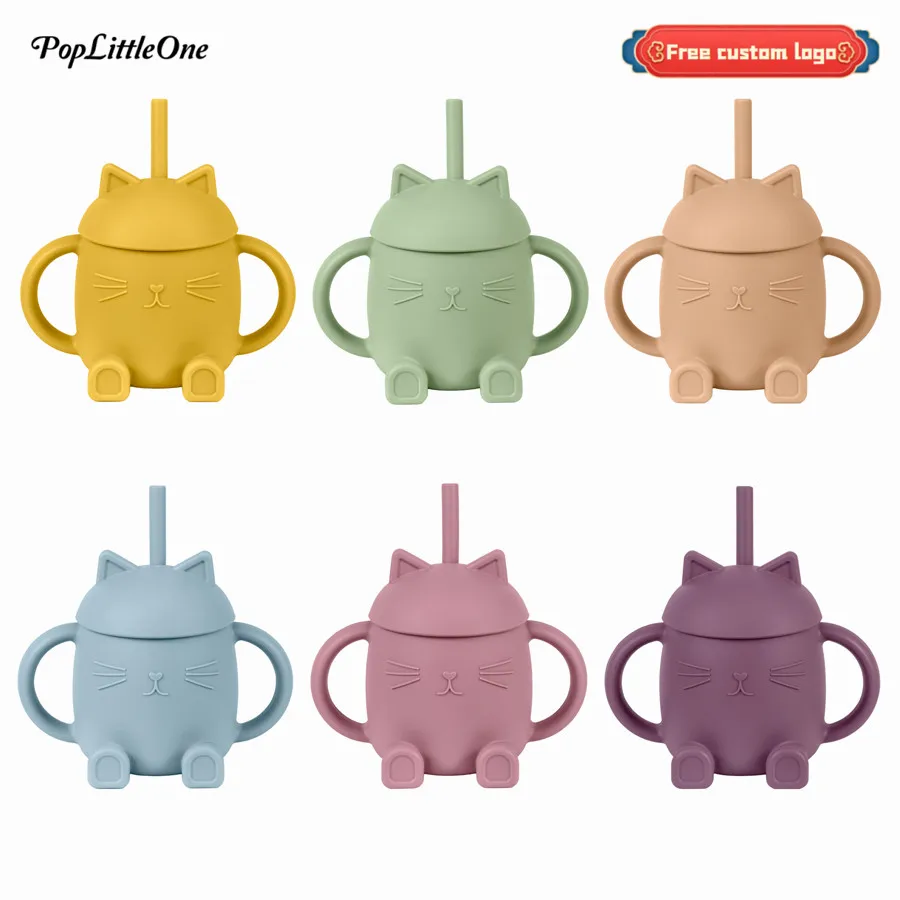 Free Personalized Name 250ml Cartoon Animal Shape Baby Silicone Straw Cup Children's Drinking Cup Learning Feeding Water Bottles