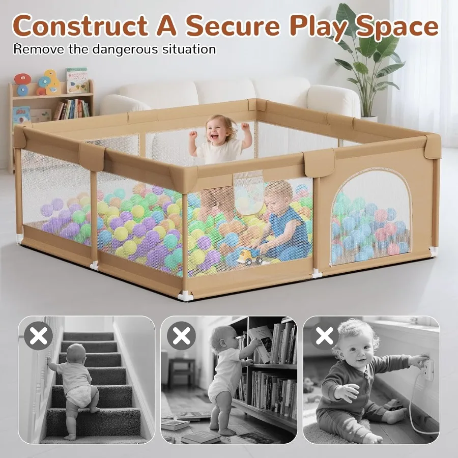 Large Baby Playpen 71x59 Inch Play Pen PlayardsPlaypen for Babies and Toddlers with 50 Ocean Balls and2 Handles-Sturdy Safety B