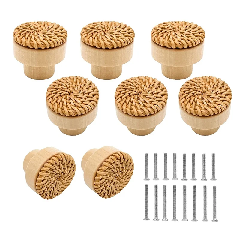 8 Pack Boho Rattan Knobs for Dresser Drawers Wood Cabinet Knobs for Wicker Decor Boho Rattan Drawer Pulls (Natural)