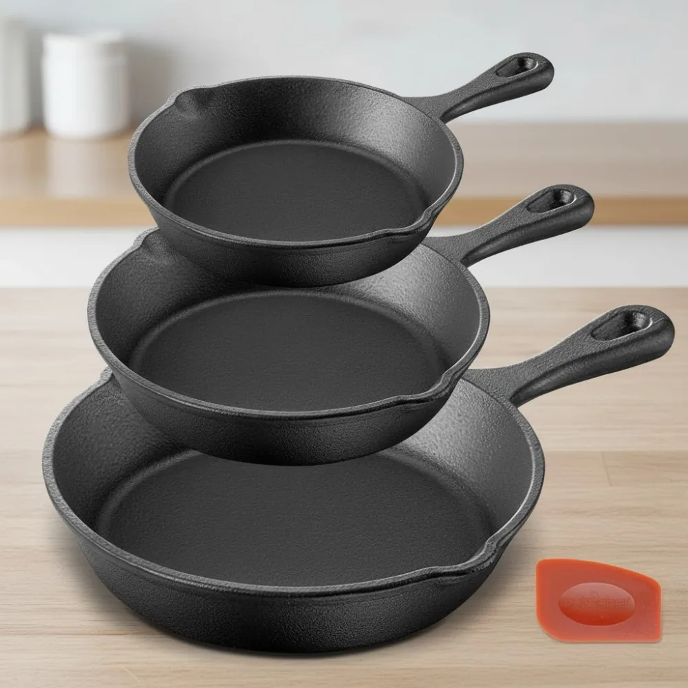

Набор из 3 предметов предварительно приправленных чугунных сковородок — сковороды с антипригарным покрытием для семейной приготовления пищи, готовые к индукции
