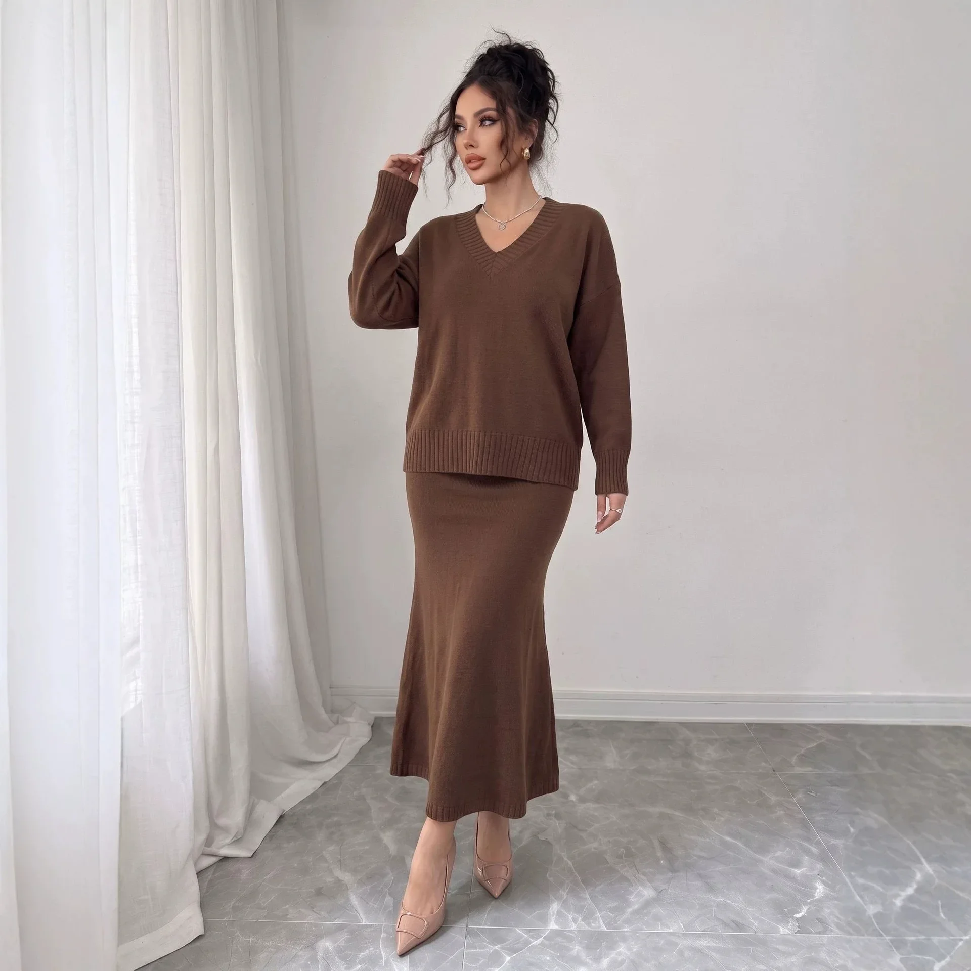 Women's Skirt Suit V Neck Long Sleeve Knit Top And Mermaid Midi Skirt Two Piece Loose Fit Casual Autumn Winter