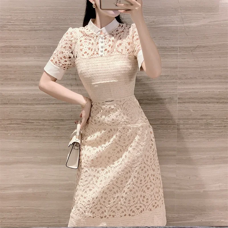 

Apricot Lace Elegant Women Dress Summer Short Sleeve Hollow Out Vintage Dresses Bodycon Streetwear Runway Design Chic Vestidos