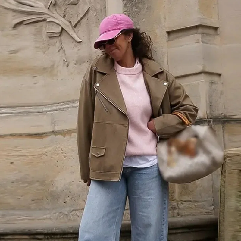 Spring Autumn Casual Lapel Suede Jacket Women Vintage Long Sleeve Jackets 2025 Fashion Female Outwear with Pocket