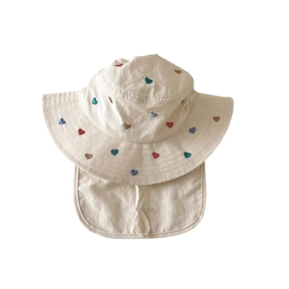 Polyester Children Sun Hat Broad Brim Embroidery Design Panama Cap Cartoon Print Neck Protection Quick Drying Bucket Hat