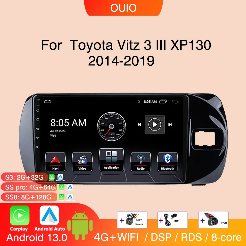 4G Android 13 Radio For Toyota Vitz 3 XP130 2014 2015 2016 2017-2019 Car stereo Multimedia Player Carplay Auto GPS 2DIN NO DVD