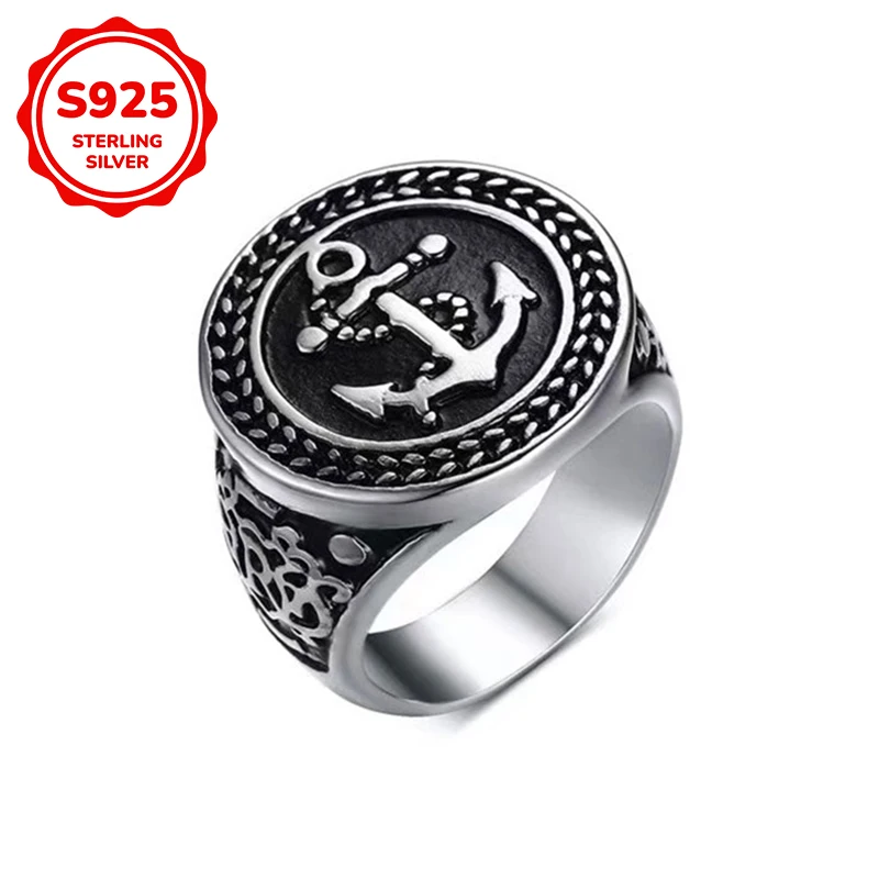 Sterling Silver Steel Men Anchor Ring Retro Black 5 Sterling Silver Steel Men Anchor Ring Retro Black