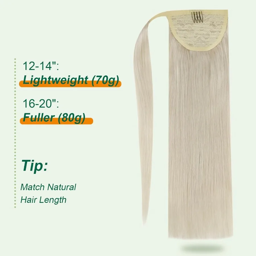 وصلات شعر بشري أشقر طبيعي المظهر على شكل ذيل حصان للارتداء اليومي والمناسبات الخاصة 12 بوصة وصلات شعر أشقر أبيض مع