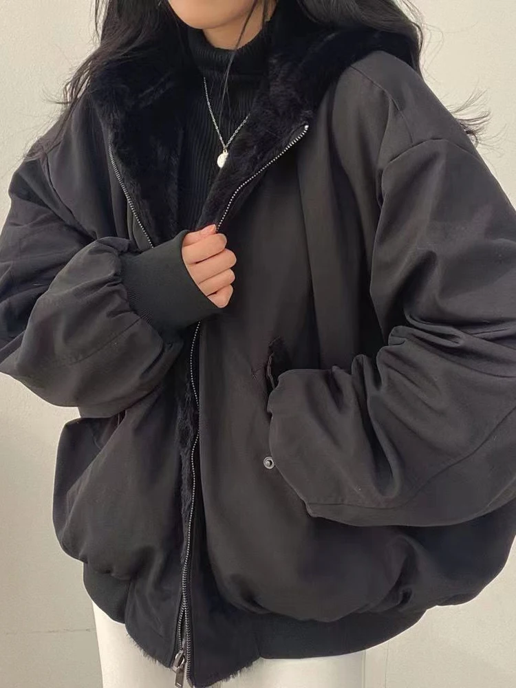 Dickes Flanell, doppelseitig tragende Lammwoll-Baumwolljacke, Damenmantel, neue Winterjacke aus Baumwolle mit Reißverschluss und Kapuze, Oberteil