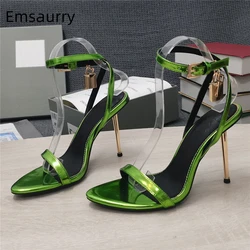 Metal Locked Embellished Sandals For Girls Unique Thin High Heel Ankle Strappy Open Toe Multicolor Summer Shoes