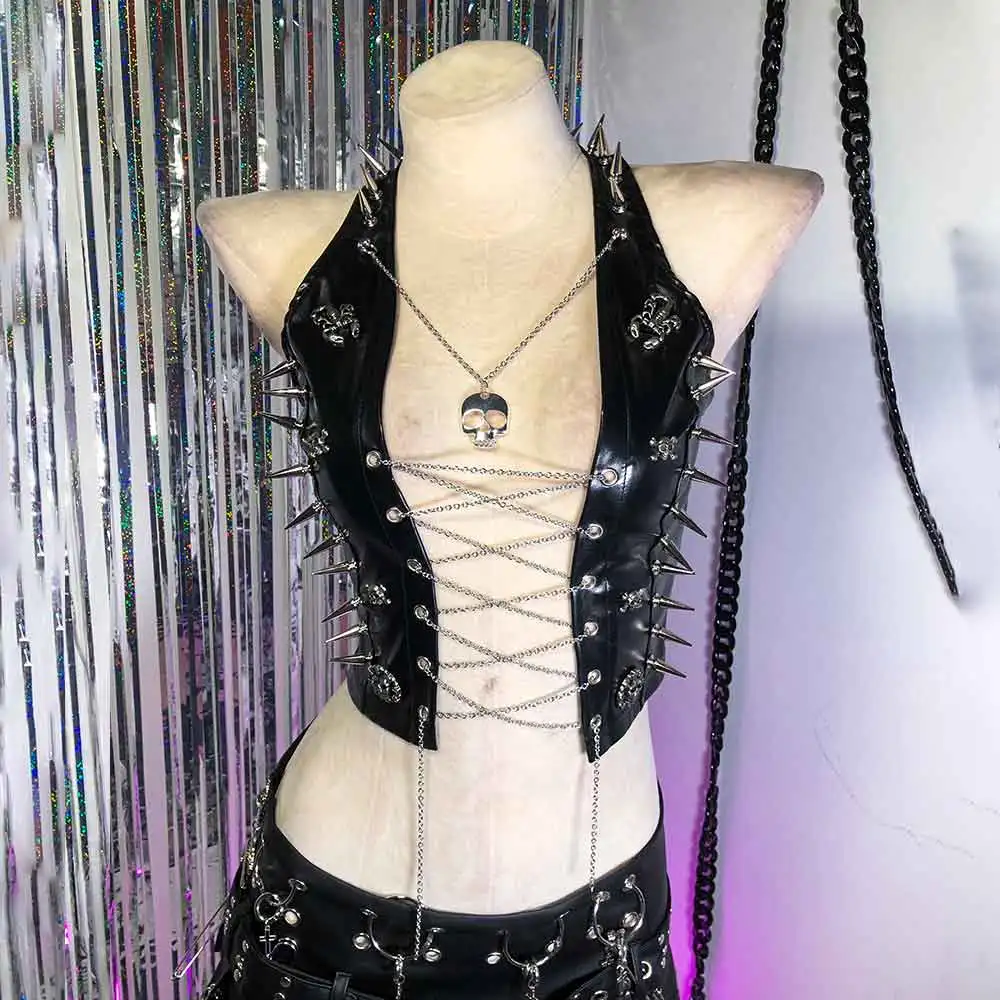 

Топ-майка Y2K с завязками на шее, в стиле эко-эйдж, эмо, панк-рок, кавайи, готика, ручной работы, для фестивалей, с цепями, черепами, в стиле гранж, готический топ-майка, сделай сам, 90-е годы