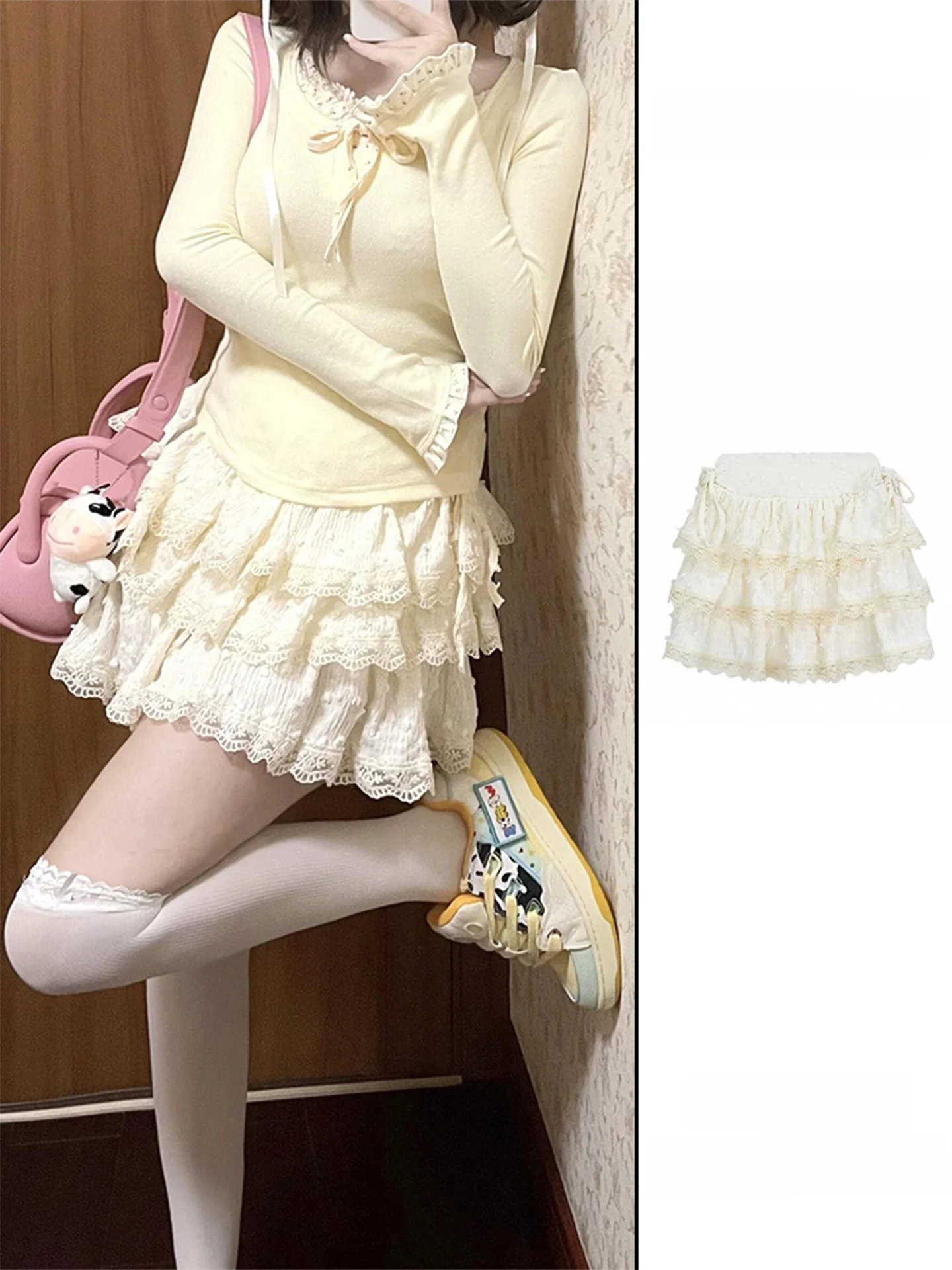 Minifalda de mujer estilo A con bordado de encaje blanco, estilo ballet dulce, cintura alta elástica, sin forro, falda de pas...