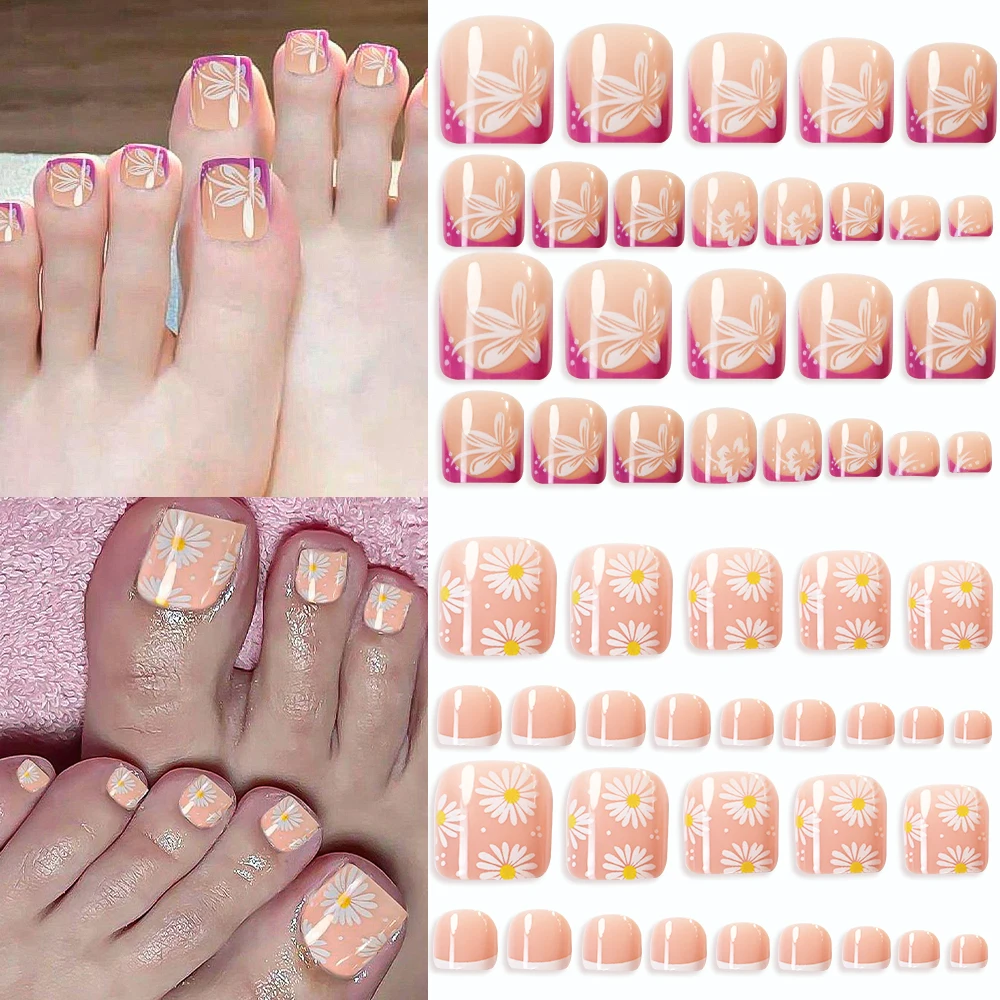 120Pcs Short Square Fake Toenails with Daisy Flower Design Full Cover French False Toe Nails Floral Wearable Press on Toenails