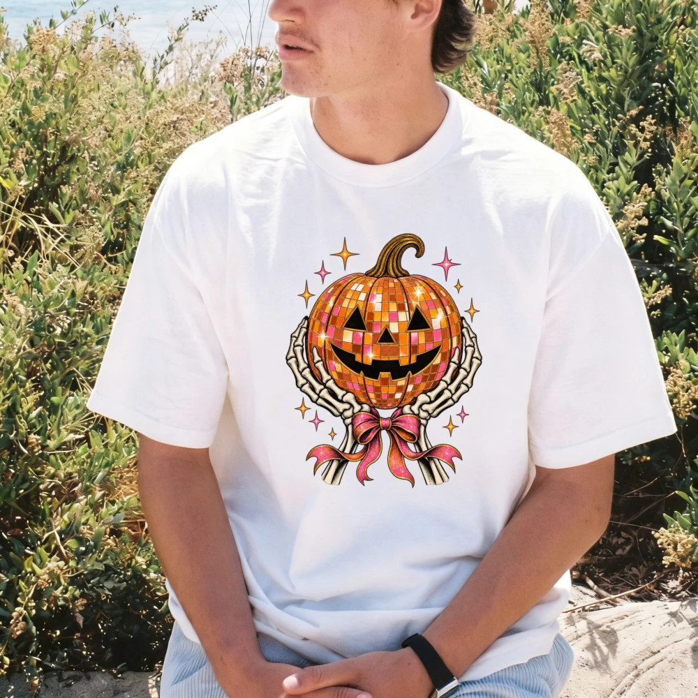 Halloween Disco Pumpkin Bowknot Skeleton T-shirt Cotton Crew Neck Short Sleeve T Shirt Casual Fashion Loose Harajuku Clothing