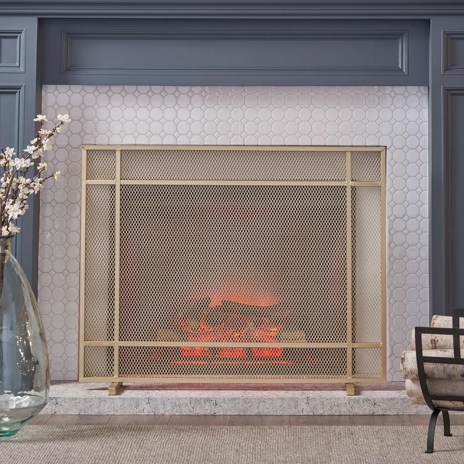 

Современная однопанельная каминная ширма Markus — железная каминная ширма с мелкой сетчатой защитой от искры, ширина 41 дюйм для внутреннего камина