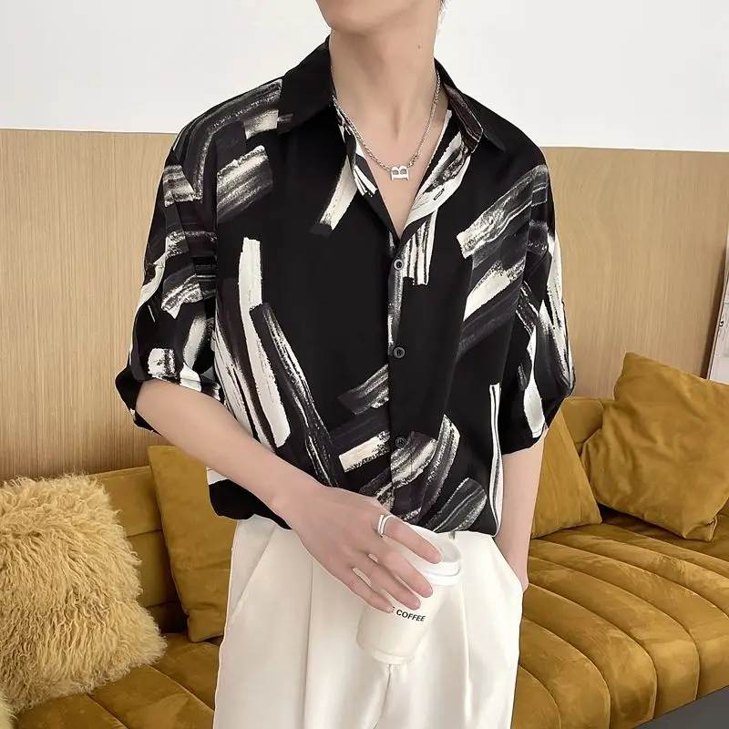 2024 New Summer Haute Couture Lapel Print Korean Version Ruffled and Handsome Loose Casual Oversize Medium Sleeved Floral Shirt