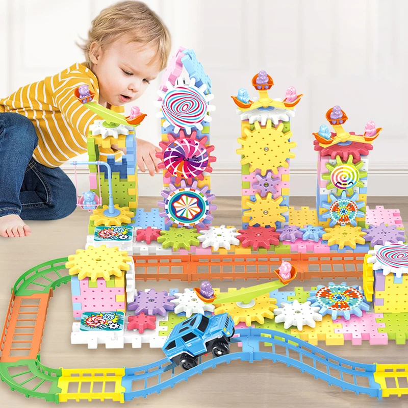 Blocks Amusement Park Colorful Big Accessory Seesaw Castle Large-particle City Electric Educational DIY Track Building Toys Gift