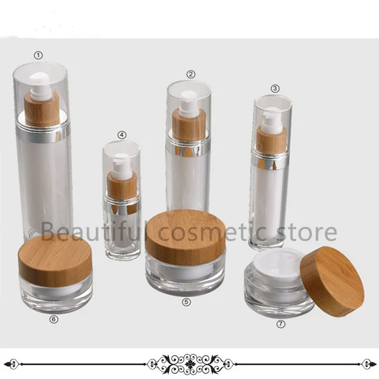 

Luxury cosmetic packaging double wall acrylic cosmetic cream jars bamboo screw lids makeup acrylic beauty containers and Jars