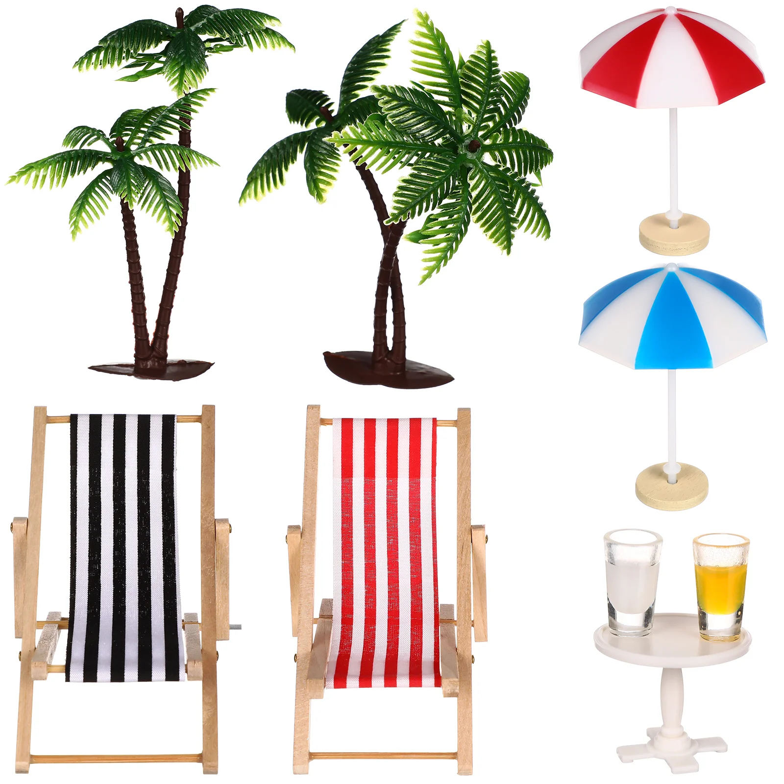 Mini ensemble de chaises longues miniatures pour la plage, chaises longues, parasols, palmiers, boissons, table à thé ronde, micro paysage, décoration pour jardin nickel é