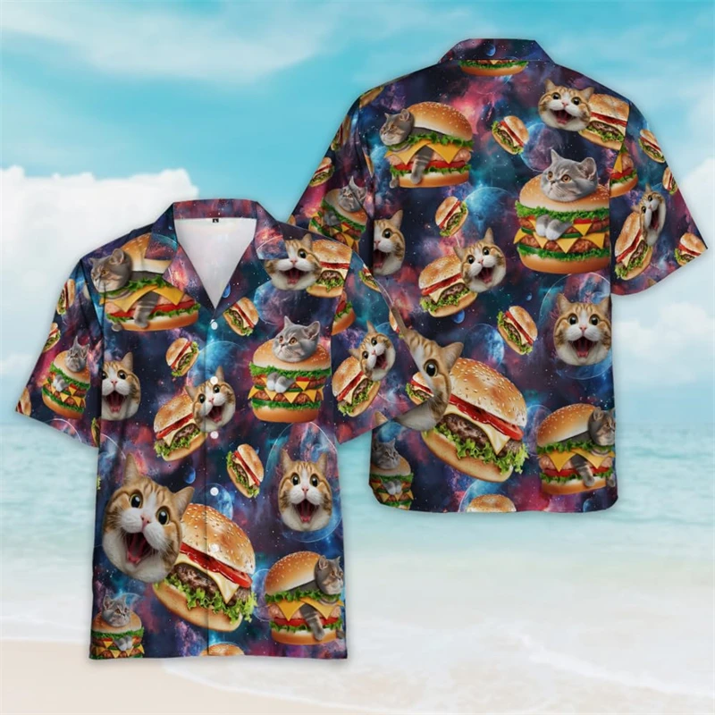 Hawaiian Burger Delicious 3D Printed Short Sleeve Shirts For Men Clothes Casual Hamburger Food Women Blouses Cute Beach Shirt