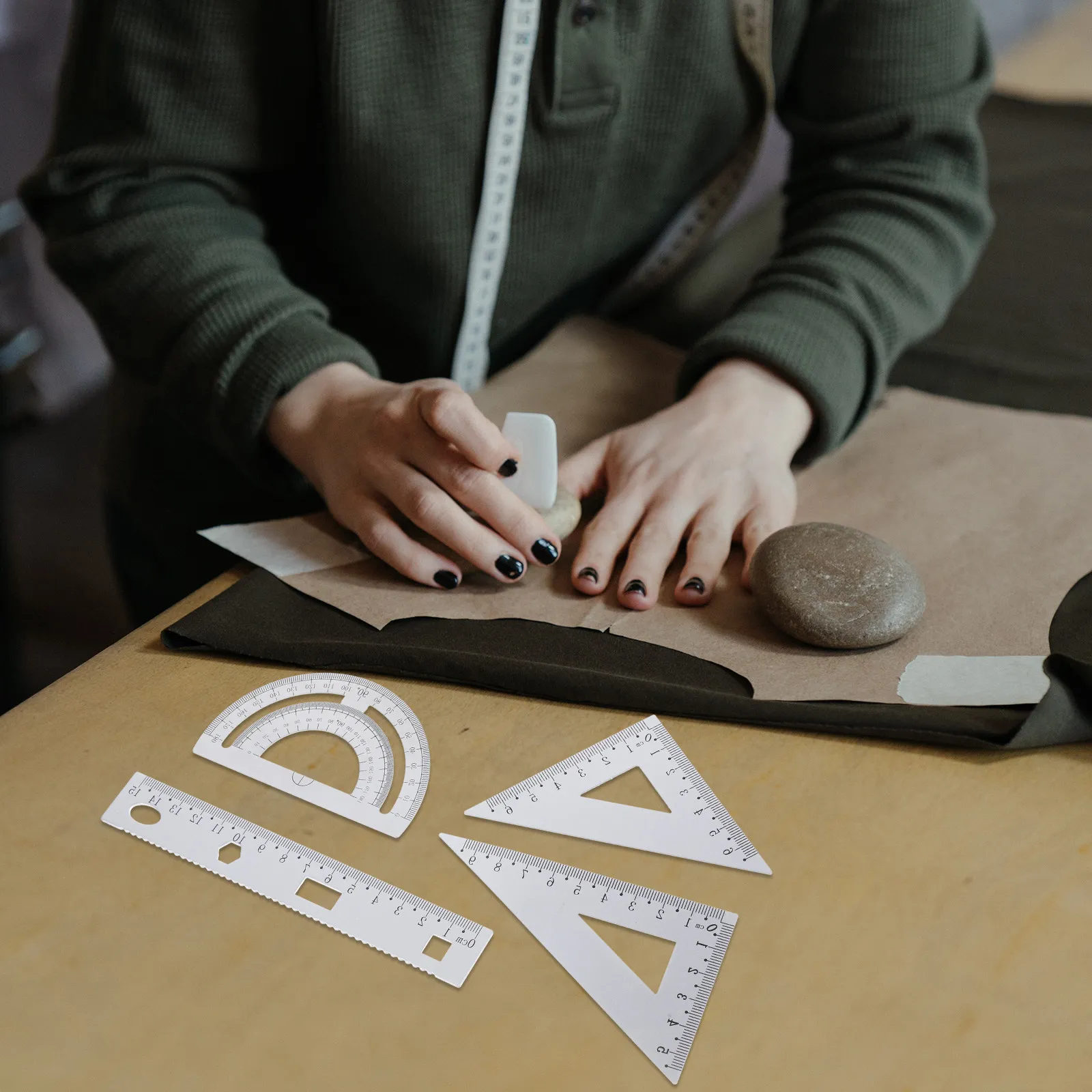 1Set Metal Geometry Set Aluminum Alloy Ruler Triangle Plate Semicircle Protractor for Students Architects Engineers Drawing